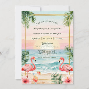 Tropic Sunset floral Beach with Flamingos wedding Invitation