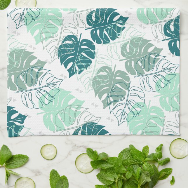 Tropic teal and grey leaf patterned tea towel (Folded)