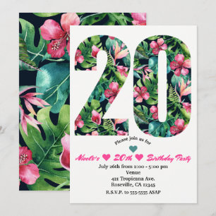 Tropical 20 20th Floral Birthday Party Invitation