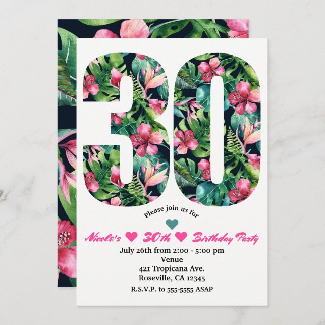 Tropical 30 30th Thirty Birthday Party Invitation (Front/Back)