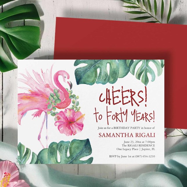 Tropical 40th Birthday Party Invitation Template (40th birthday invites hand painted watercolor pink flamingo by Victoria Grigaliunas)