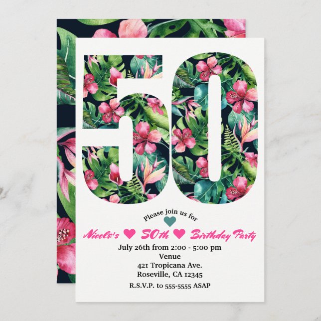 Tropical 50 50th Fifty Birthday Party Invitation (Front/Back)