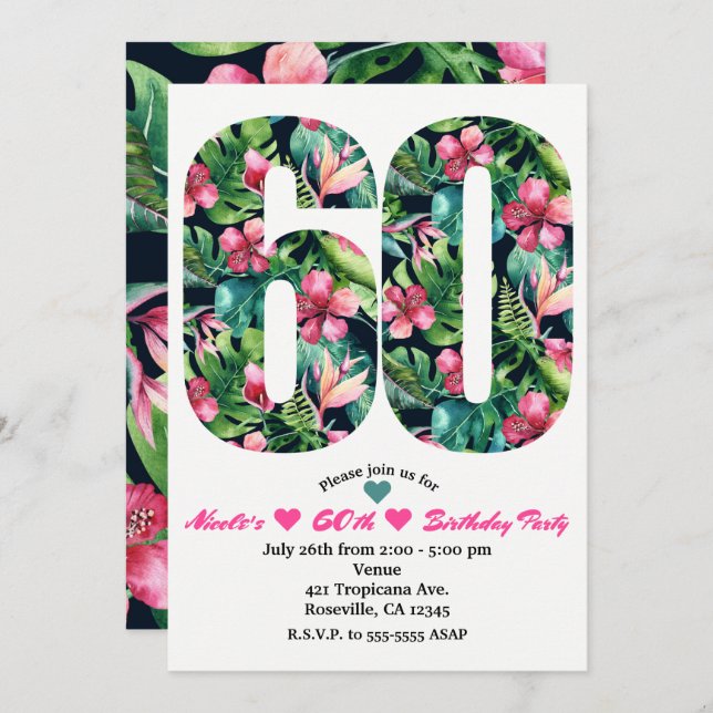 Tropical 60 60th Sixty Birthday Party Invitation (Front/Back)