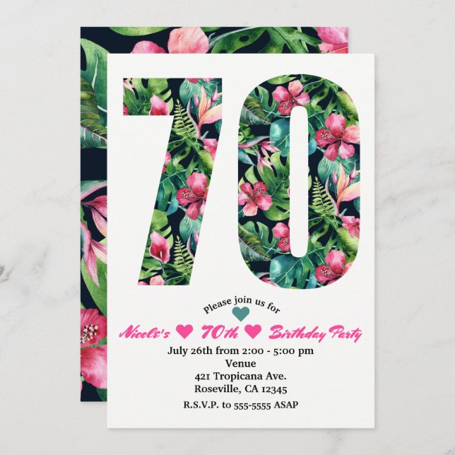 Tropical 70 70th Seventy Birthday Party Invitation (Front/Back)