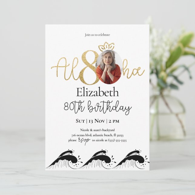 Tropical 80th Gold Birthday Invitation With Photo (Standing Front)