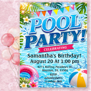 Tropical Adult Birthday Pool Party   Invitation
