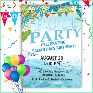 Tropical Adult Birthday Pool Party   Invitation