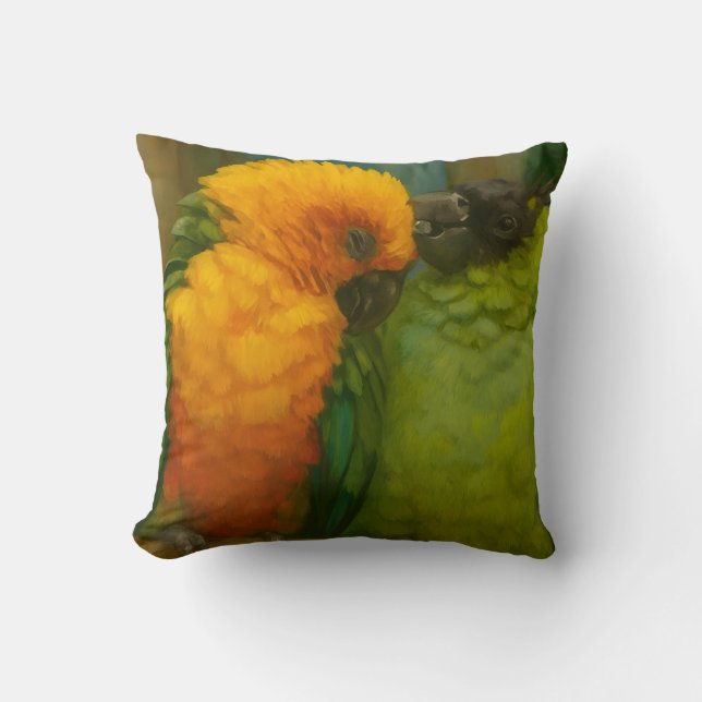 Tropical Affection – Parrots in Forest Light Cushion (Front)