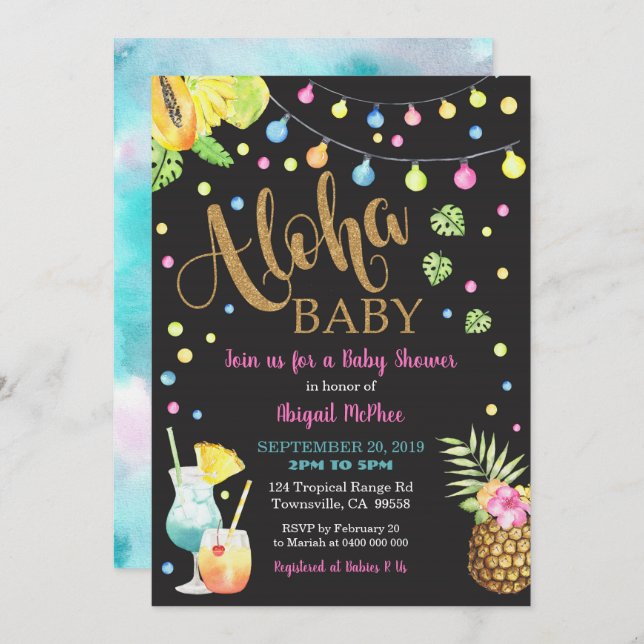 Tropical Aloha Baby Shower Invitation Black (Front/Back)