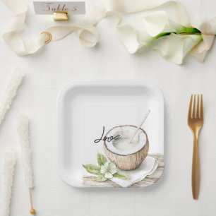 Tropical Aloha Beach Coconut Floral Wedding Paper Plate