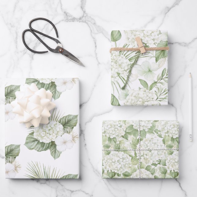 Tropical Aloha Beach Hydrangea Floral Wedding Wrapping Paper Sheet (Front)