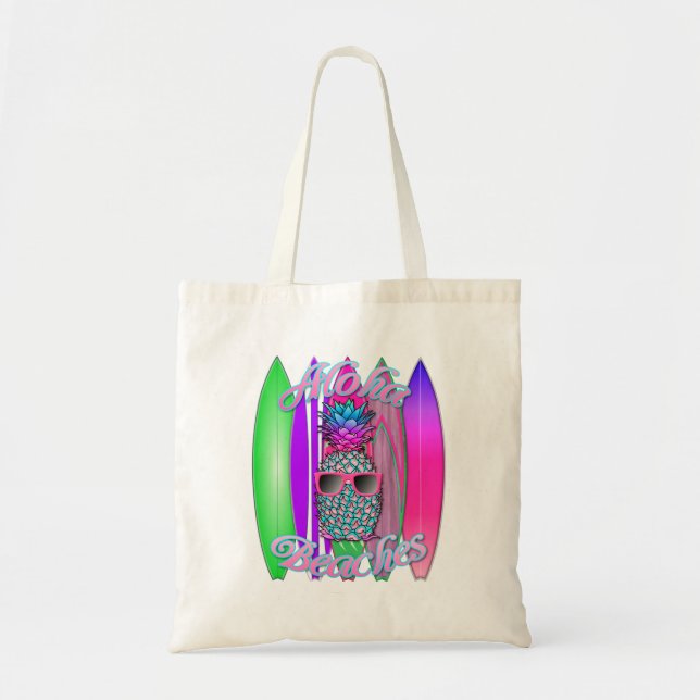 Tropical Aloha Beaches Fun Surfing Pineapple Tote Bag (Front)