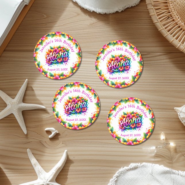 Tropical Aloha Birthday Luau Classic Round Sticker (Creator Uploaded)