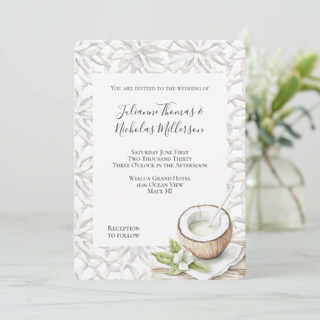 Tropical Aloha Coconut Flower Wedding  Invitation (Standing Front)