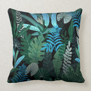 Tropical Aloha Exotic Blue Jungle Pattern at Night Cushion
