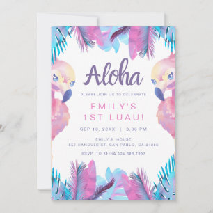 Tropical Aloha Flamingo 1st Luau Birthday Invitation