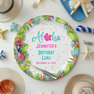 Tropical Aloha Flamingo Birthday Luau Paper Plate