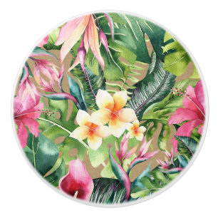 Tropical Aloha Floral Luau Summer Leaves Kraft Ceramic Knob