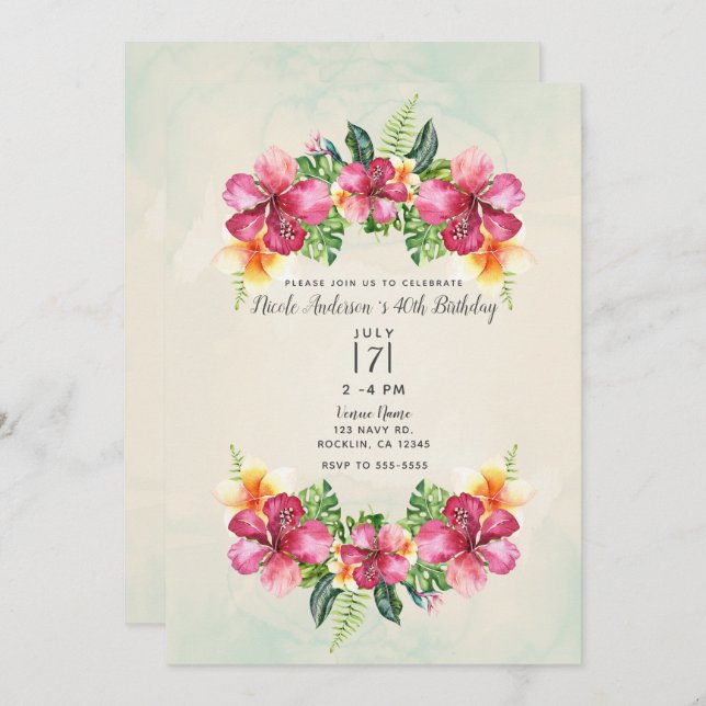 Tropical Aloha Flowers Botanical Birthday Party Invitation (Front/Back)