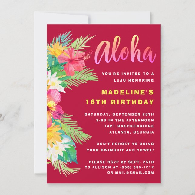 Tropical Aloha Hawaiian Luau Birthday Party Invitation (Front)