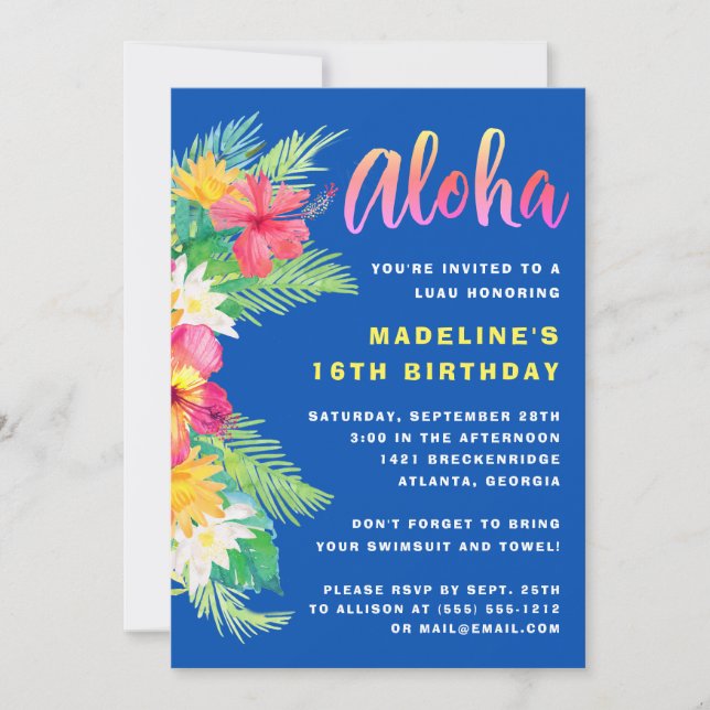 Tropical Aloha Hawaiian Luau Birthday Party Invitation (Front)