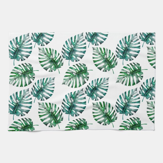Tropical Aloha Monstera Leaves Pattern Tea Towel (Horizontal)