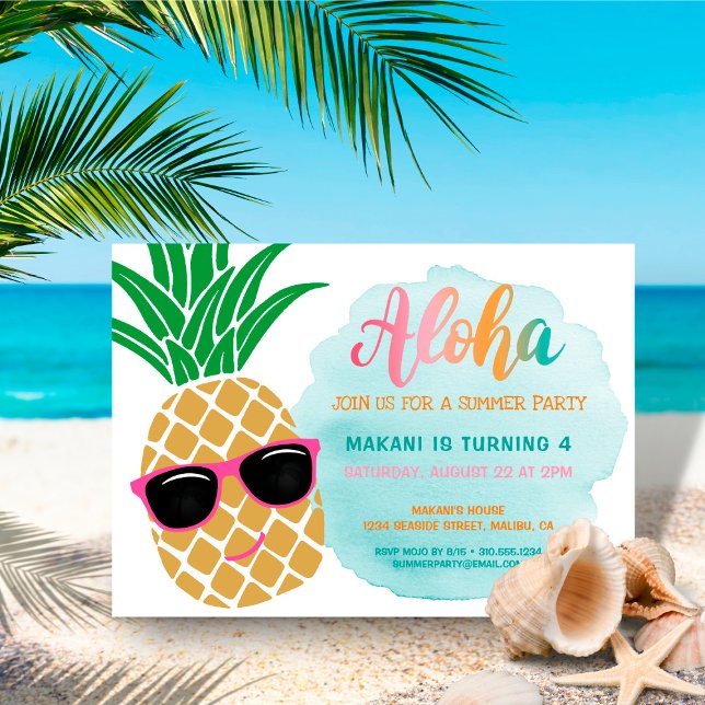 Tropical Aloha Pineapple Watercolor Birthday Invitation (Creator Uploaded)