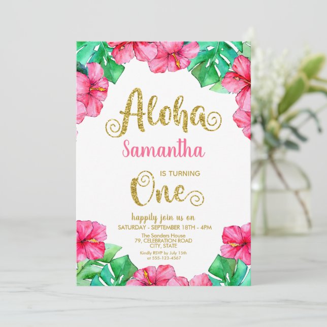 Tropical Aloha Pink Hibiscus 1st Birthday  Invitation (Standing Front)