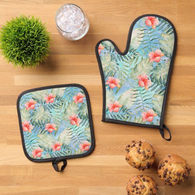 Tropical Aloha Pink Hibiscus Flowers Oven Mitt & Pot Holder Set (Top Down)