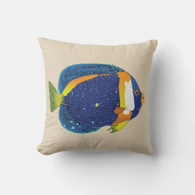 Tropical Angelfish Illustration Bright Blue Yellow Cushion (Front)