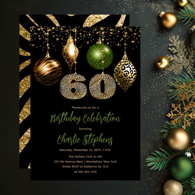 Tropical Animal Skin Baubles 60th Birthday Party Invitation (Glamorous Tropical Animal Print Baubles 60th Birthday Party Invitation in Black, Gold & Olive Green)