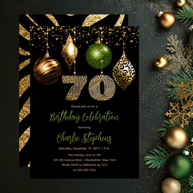 Tropical Animal Skin Baubles 70th Birthday Party Invitation (Glamorous Tropical Animal Print Baubles 70th Birthday Party Invitation in Black, Gold & Olive Green)