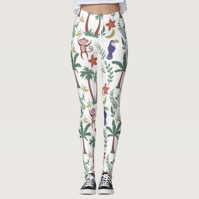 Tropical animals seamless pattern macaw and monkey leggings (Front)