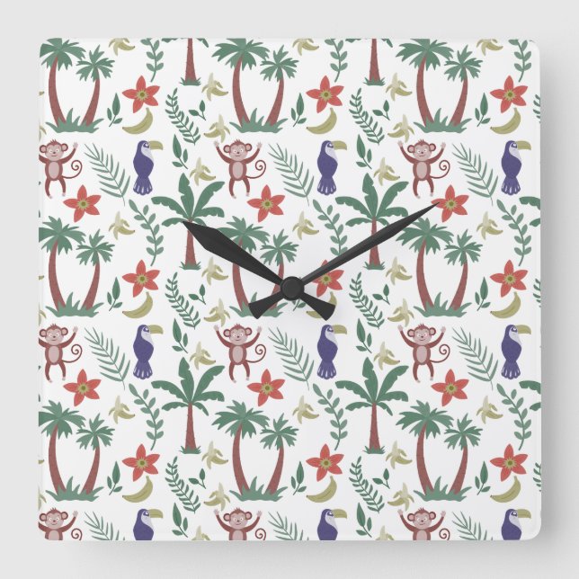 Tropical animals seamless pattern macaw and monkey square wall clock (Front)