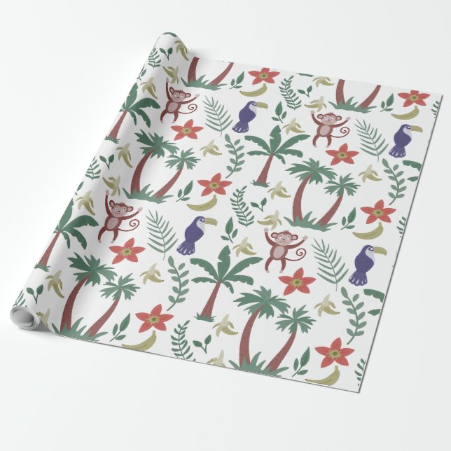 Tropical animals seamless pattern macaw and monkey wrapping paper (Unrolled)