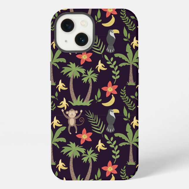 Tropical animals seamless pattern monkey & macaw iPhone case (Back)