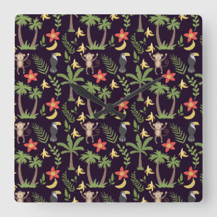 Tropical animals seamless pattern monkey & macaw square wall clock