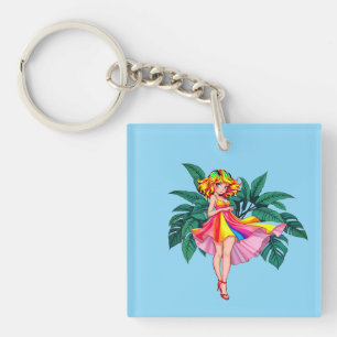 Tropical Anime Girl in Black Dress Square Acrylic Key Ring