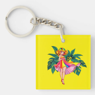 Tropical Anime Girl rainbow Dress Square Acrylic  Key Ring