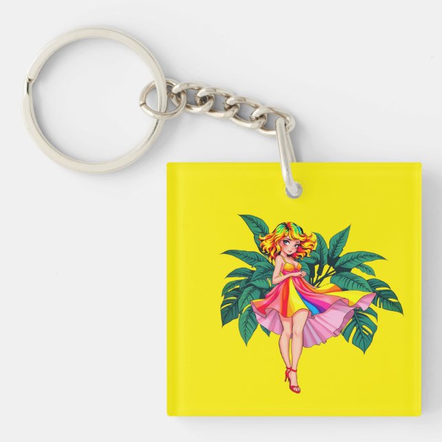 Tropical Anime Girl rainbow Dress Square Acrylic  Key Ring (Front)