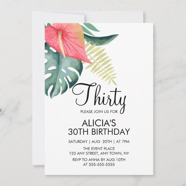 Tropical Anthurium & Monstera Watercolor Birthday Invitation (Front)