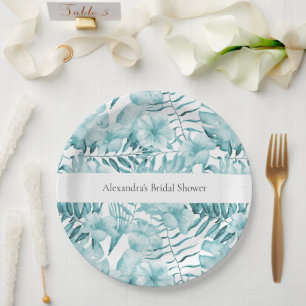 Tropical Aqua Blue Floral Leaves Bridal Shower Paper Plate