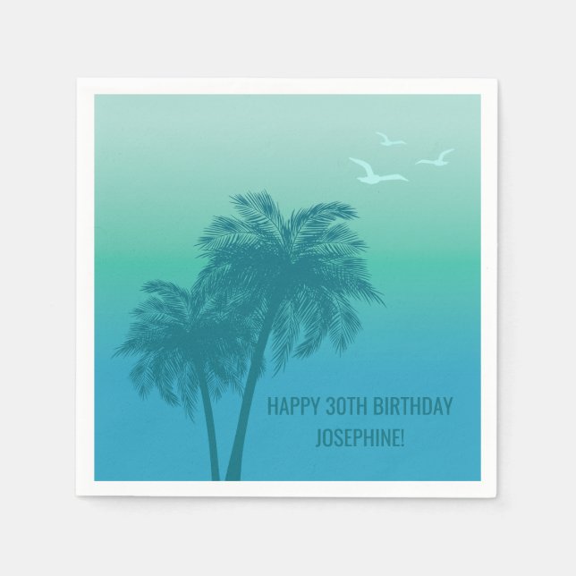 Tropical Aqua Blue Palm Trees Happy Birthday Napkin (Front)