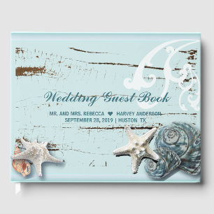 tropical aqua blue seashells starfish wedding guest book