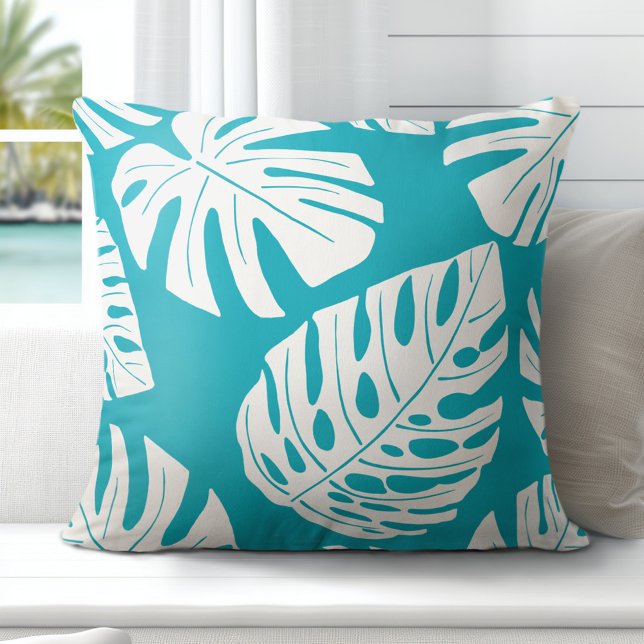 Tropical Aqua Blue White Palm Monstera Leaves Cushion (Elevate Your Décor: Discover our Gorgeous Coastal Throw Pillows by Totally Coast)