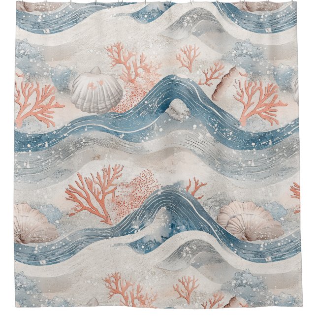 Tropical Aqua Coral Seashell Pattern Shower Curtain (Front)