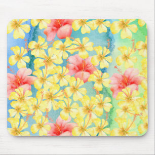 Tropical Aqua Green Yellow Pink Hibiscus Flowers Mouse Pad