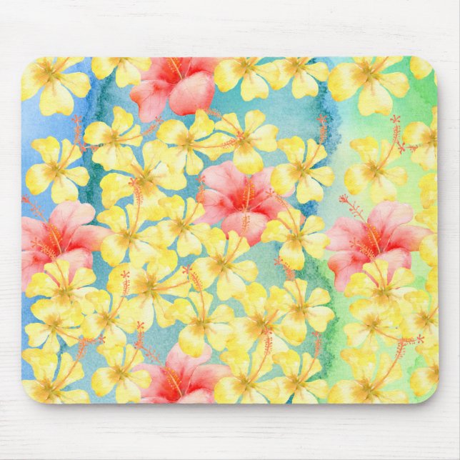 Tropical Aqua Green Yellow Pink Hibiscus Flowers Mouse Pad (Front)