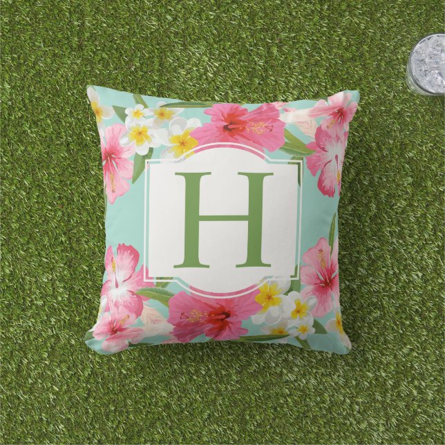 Tropical Aqua Pink Flowers Pattern Custom Monogram Outdoor Cushion (Grass)