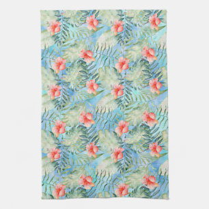 Tropical Aqua Pink Hibiscus Floral Tea Towel